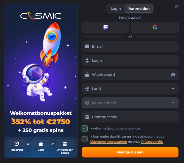 Registratieformulier voor een nieuw account bij CosmicSlotz Casino