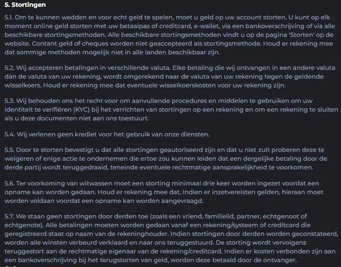 Voorwaarden voor stortingen bij CosmicSlotz met betaalmethoden en minimale storting