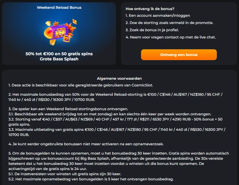 Woensdag Reload promotie met 100 gratis spins bij CosmicSlotz