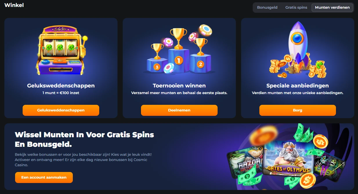 Overzicht van Cosmic Coins verdienen en beloningen in de winkel van CosmicSlotz