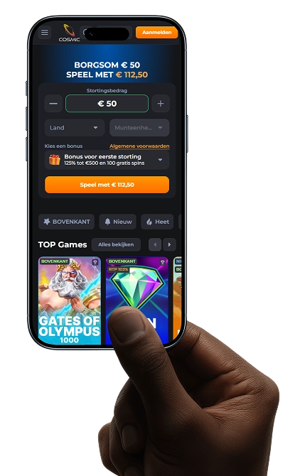 Mobiele versie van CosmicSlotz op een smartphone met casino, bonusaanbieding en gokkasten