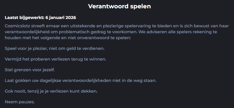 CosmicSlotz verantwoord spelen informatiepagina
