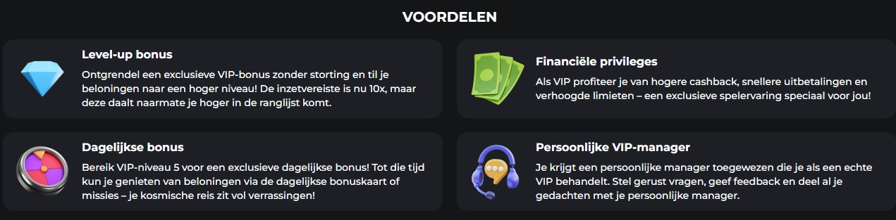 Overzicht van de voordelen van het CosmicSlotz VIP-programma, waaronder cashback en een persoonlijke VIP-manager